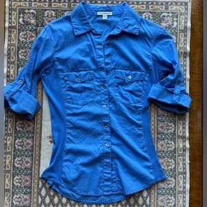 James Perse Ribbed Panel Roll Tab Utility Shirt Royal Blue Button Down Size 2 XS